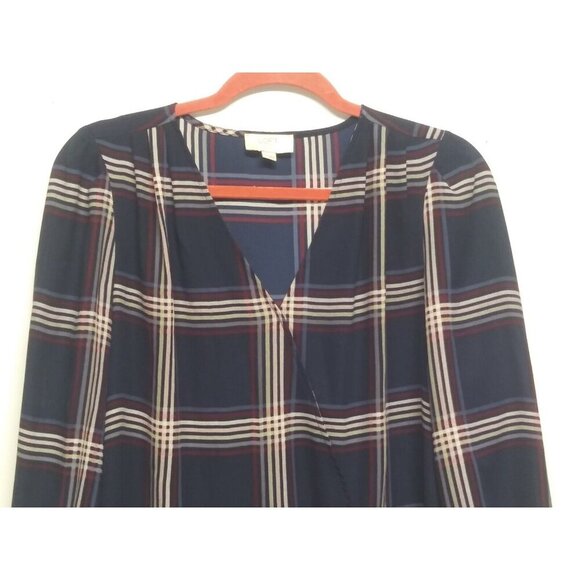 Loft Blouse Top Size S/P Faux Wrap, side bow Blue red Plaid Nova Check 3/4 Sleev - Picture 3 of 10